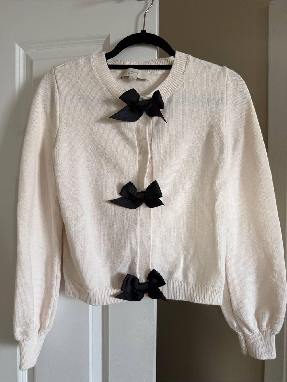 LOFT Cream Cardigan with Black Bow Accents